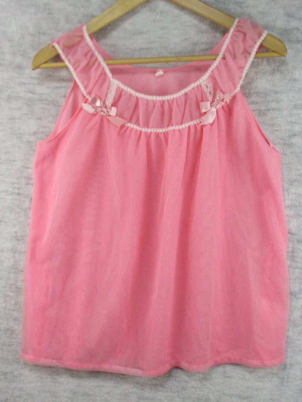 Vtg Pink Nylon Baby Doll Pajamas, Top w Sheer Overlay, M, New Old Stock